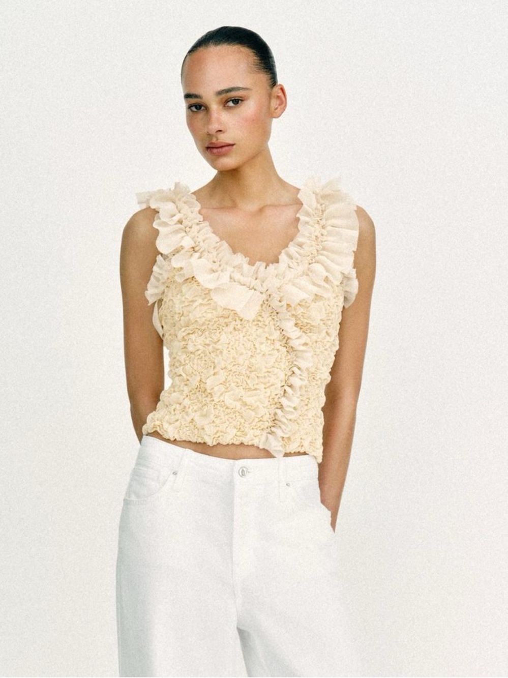 Ruffled Cream knit Top